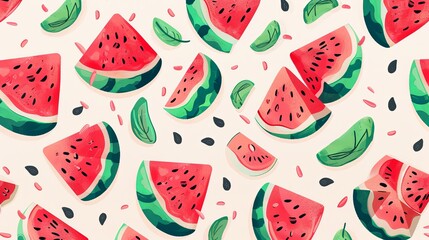 Aufkleber - A digital illustration of various-sized watermelon slices with black seeds and green rinds on a light background. Generative AI