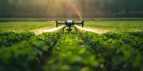 Wall Mural - Automated Drone Spraying Pesticides and Irrigating Lush Green Crop Field. Concept Agricultural Drones, Precision Agriculture, Crop Spraying, Irrigation Management, Drone Technology