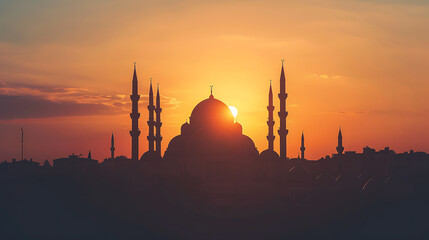 Silhouette of the mosque with sunset. 