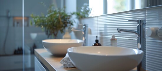 A bathroom with two sinks and a mirror