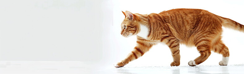 Wall Mural - Ginger cat sneaks along the surface. White background. Lots of space for text. Advertising wide photo