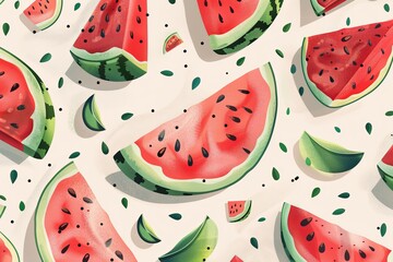 Aufkleber - A close-up image of watermelon slices with black seeds and green rinds on a light background. Generative AI
