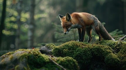 Close up wild fox on mossy rock. Natural forest habitat with beast of prey.