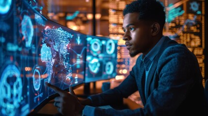 Male system engineer analyzing big data on computer, checking cloud computing network and digital servers. Young IT technician inspecting modern data center for digitalization