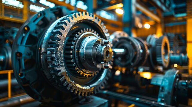 High-contrast image of shiny metal gear wheels in a dark industrial environment