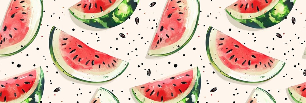 A close-up image of several slices of watermelon with seeds, arranged against a white background. The image features a bright, vibrant red and green color scheme. Generative AI