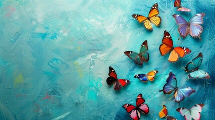 Wall Mural - A painting of many butterflies on a blue background