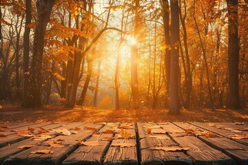 Wall Mural - Wooden table. Autumn design with leaves falling in forest and empty display. Space for your montage. Season fall background