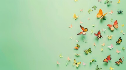 Sticker - A green background with a large number of colorful butterflies