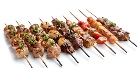 Wall Mural - Isolated Yakitori Japanese Food Set on White Background. Concept Food Photography, Japanese Cuisine, White Background, Yakitori Skewers