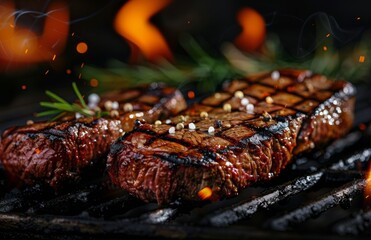 Close Up of Juicy Steaks Grilling With Rosemary and Fire