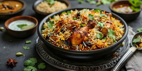 Wall Mural - Spicy Indian Hyderabadi chicken biryani a flavorful and aromatic dish. Concept Indian Cuisine, Spicy Recipes, Hyderabadi Biryani, Chicken Dishes, Aromatic Flavors