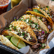 © Laurent - a close-up of tex-mex street food featuring tacos al carbon with grilled meat, fresh onions, cilantro, and lime