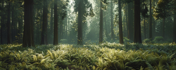 A majestic redwood forest, with towering trees reaching towards the sky and a carpet of ferns covering the forest floor.