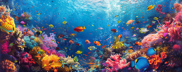 A group of friends exploring an underwater coral reef, snorkeling among colorful fish and vibrant marine life.