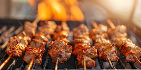 Wall Mural - Delicious Closeup of African Suya Kebab Skewers with Grilled Meat. Concept Food Photography, Nigerian Cuisine, Grilled Skewers, Delicious Closeup, African Flavors