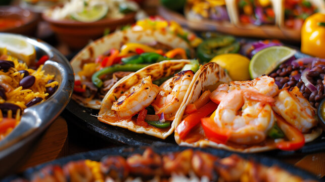 a vibrant tex-mex seafood platter featuring shrimp fajitas with sizzling peppers, onions, and beans served with rice and lime