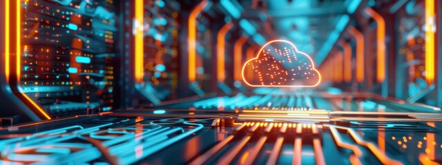 Wall Mural - A futuristic 3D render of a glowing cloud icon positioned on a mainboard, with intricate circuit board designs highlighted by soft neon lights
