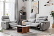 © N. W. - photo of grey sofa and recliner chair with plants in a scandinavian clean and minimalist living room apartment and design interior furniture