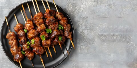 Canvas Print - Delicious Nigerian Suya Skewers A Popular Ramadan Treat with Spicy Grilled Meat. Concept Nigerian cuisine, Ramadan recipes, Grilled meat skewers, Spicy dishes, African street food