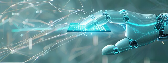A robotic hand holding a glowing blue data chip, with lines and codes emanating from it. The background features a blend of gray and white tones, creating a sleek and futuristic look.