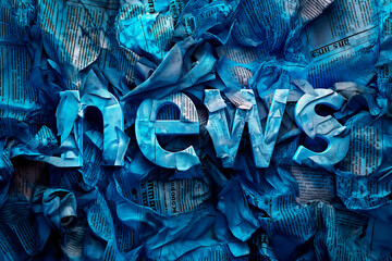 Crumpled newspaper pages forming word NEWS on a blue lit background, embodying the concept of media. Generative AI