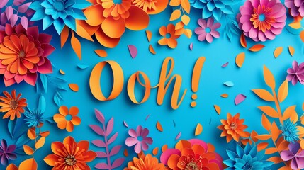 Word Ooh! surrounded by paper flowers various colors on blue background, greeting fun creative decoration