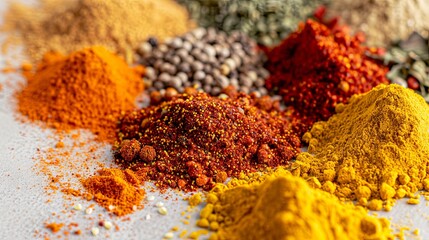 Wall Mural - A close-up image showcasing a variety of colorful spices, including turmeric, coriander, and paprika, spread out on a white surface. Generative AI