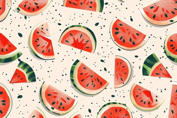 Aufkleber - A close-up view of a pattern with sliced watermelon with black seeds and green rinds on a light-colored background. Generative AI