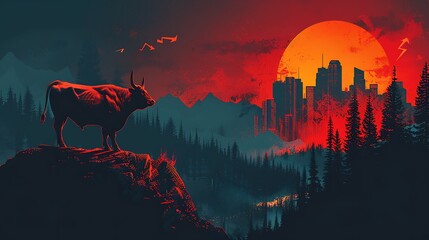 Wall Mural - A stylized vector graphic of a confident bull standing proudly on a mountain peak, with a city skyline and upward-moving stock arrows in the background.