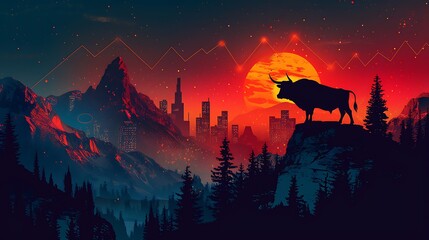 Wall Mural - A stylized vector graphic of a confident bull standing proudly on a mountain peak, with a city skyline and upward-moving stock arrows in the background.