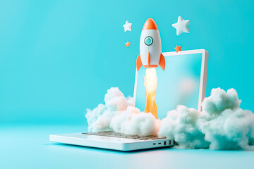 Wall Mural - a rocket launching from a laptop surrounded by clouds on a blue background, symbolizing startup succ