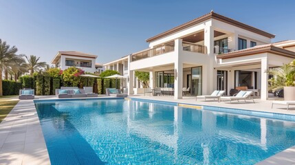 A modern white villa with a swimming pool and lush landscaping. The villa has a large patio with outdoor furniture and a balcony overlooking the pool