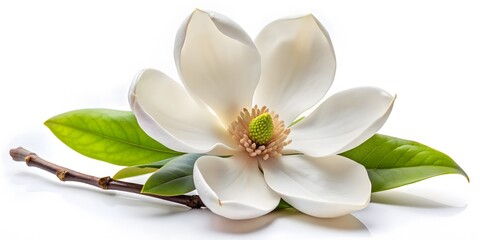 A Beautiful Magnolia Flower In Full Bloom With A Creamy White Color And A Light Green Leaf.
