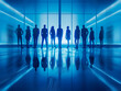 © Who is Danny - Silhouettes of business people standing in a futuristic blue-lit corridor, reflecting a corporate team concept against a glossy floor. Generative AI