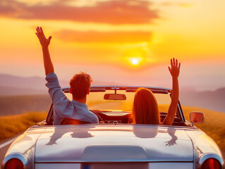 Wall Mural - Two people in a car celebrating, with a sunset background, embodying the concept of freedom and travel. Generative AI