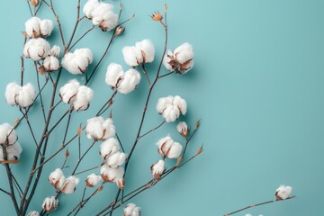 Canvas Print - beautiful fluffy cotton flowers on light teal spring background. ai generative