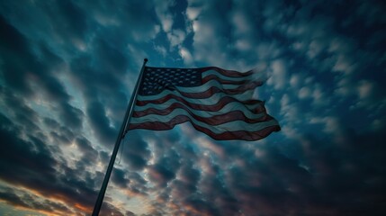 Wall Mural - USA Independence Day July 4th, national flag, banner waving, cloudy sky background. AI generated.