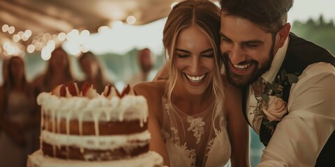 Wall Mural - Newlyweds cut their wedding cake and share a romantic and joyful moment at their celebration.