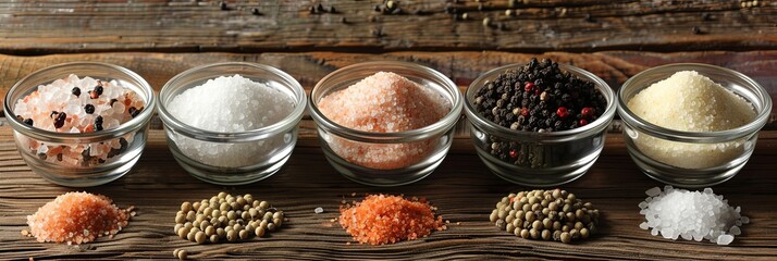 Leinwandbilder - A variety of salts and peppers, including sea salt, Himalayan salt, black peppercorns, and white pepper, arranged in glass jars and bowls on a rustic wooden surface. Generative AI