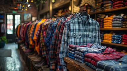 A store with many shirts on display, including plaid shirts