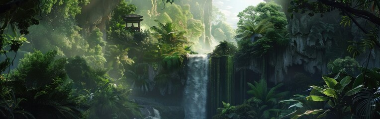 Wall Mural - Lush Green Jungle Waterfall With Sunbeams