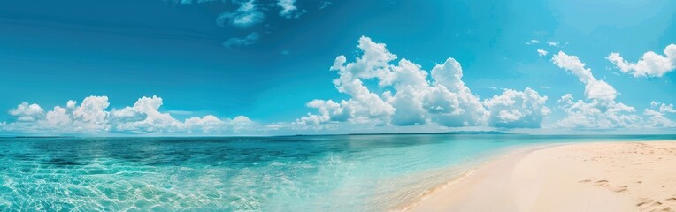 Sticker - A Pristine Beach Scene Under a Blue Sky With Fluffy White Clouds