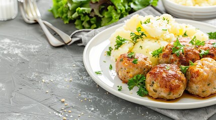 Wall Mural - A close-up shot of a plate of homemade meatballs served on a bed of creamy mashed potatoes, garnished with fresh parsley