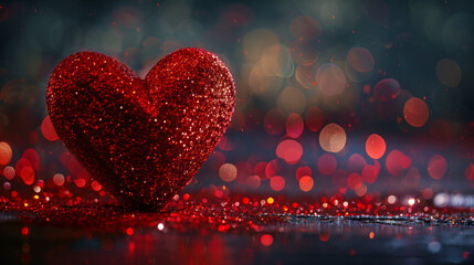 Wall Mural - A large red heart made of glitter, glitter background, sparkling particles, Valentine's Day theme, mobile wallpaper, shiny and dreamy, digital art style, dark tones, high resolution, close-up shot.