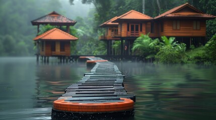 Poster - Wooden Cabins on Stilts Over Foggy Lake in Rainforest