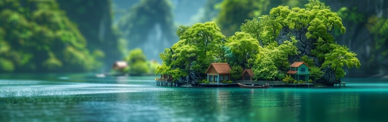 Poster - Small Island Houses on a Tropical Lake in Thailand