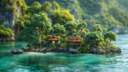 Wall Mural - Tranquil Island Houses Amidst Lush Green Foliage With Clear Blue Water