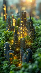Wall Mural - Illuminated Miniature Cityscape Model Surrounded By Greenery