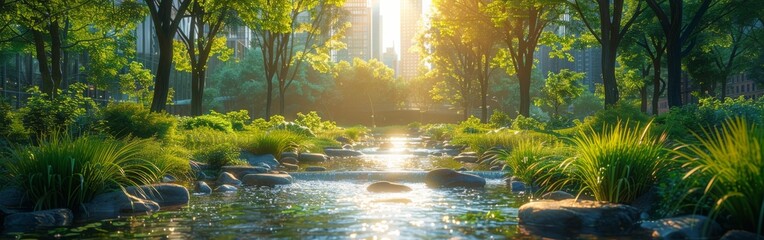 Wall Mural - Serene Stream Flowing Through A City Park At Sunset
